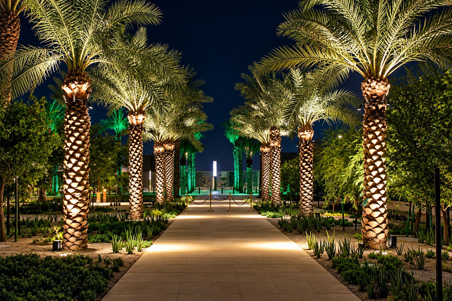 Illuminated palm-lined avenue at Diriyah
